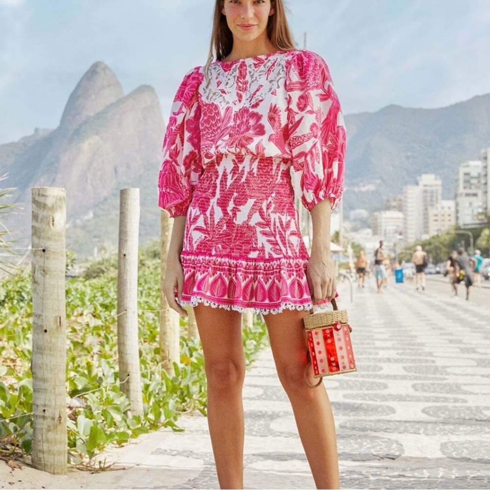FARM RIO Tropical Woodcut Pink Mini Dress - Size Large